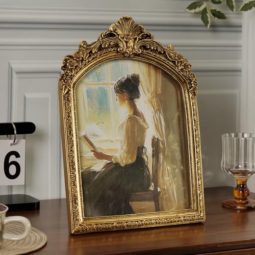 8x10 Picture Frame Antique Gold Frames, Vintage Gold Ornate Resin Photo Frame with Glass Front for Tabletop and Wall Mounting, Arch Picture Frame for Home Decor