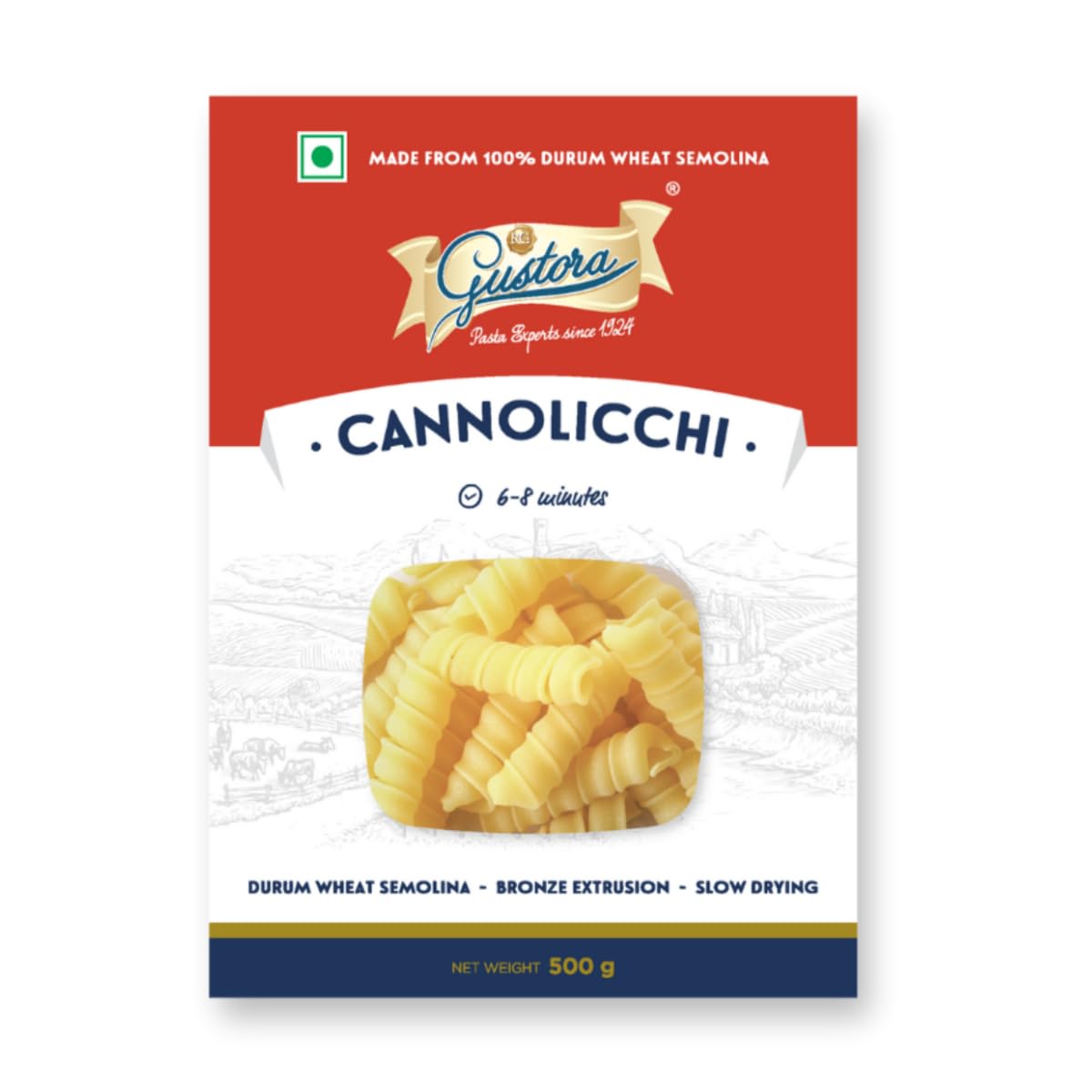 Gustora Durum Wheat Semolina Cannolicchi Pasta 500g | Vegetarian Pasta | Zero Cholestrol | Non Trans-Fat | Rich in Fibre & Protein - 500G
