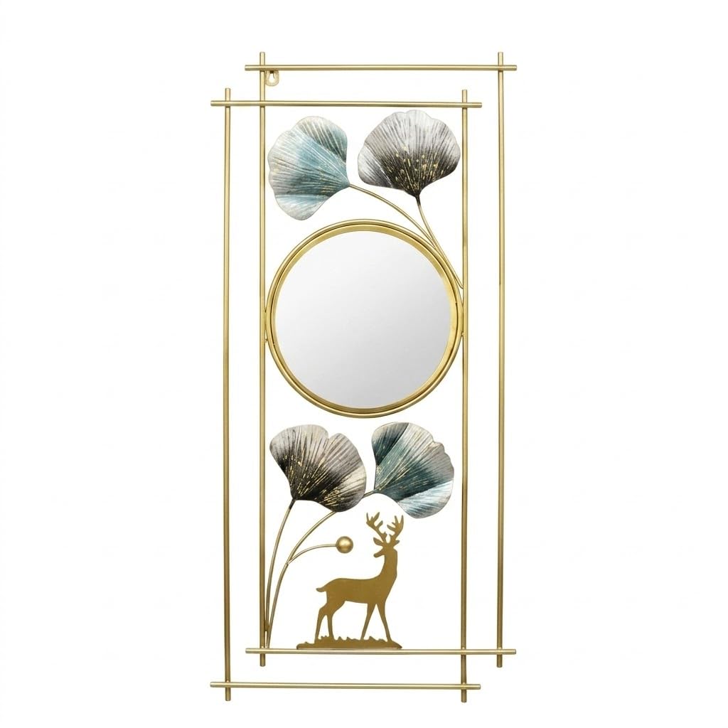 Dratal Metal Ginkgo Leaf & Deer Hanging Wall Mirror Decorative Decor for the Living Room, Bedroom, Bathroom, Hallway, and Entryway-picture-13