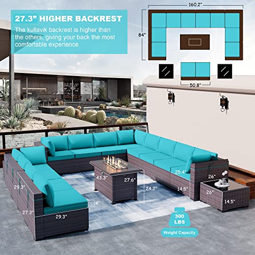 Kullavik 15 Pieces Outdoor Patio Furniture Set with 43" Gas Propane Fire Pit Table PE Wicker Rattan Sectional Sofa Patio Conversation Sets,Blue Cushions