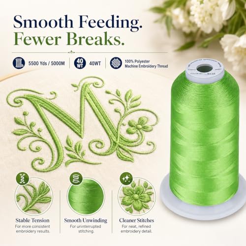 Image of Simthread 5500Yds 40WT Polyester Embroidery Thread Electric Green S035 | High-yardage 5000M spool offers smooth feeding and stable 40WT polyester thread for home and commercial embroidery machines.