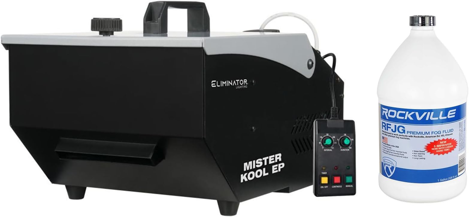 Audiosavings bundle: American DJ ADJ MISTER KOOL EP Fog Machine Low-Lying Water Based Fogger bundled with Rockville RFJG Gallon Fog/Smoke Juice Fluid For Chauvet American DJ ADJ Machines (2 items)