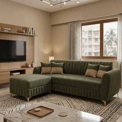 Image of CASASTYLE Signature Velour 4-Seater L-Shape Sofa Set with Movable Ottoman | Flexible LHS /RHS Layout | Boston Matte Fabric | 40D Foam + Zigzag Spring | 3-Yr Warranty (Olive Green)