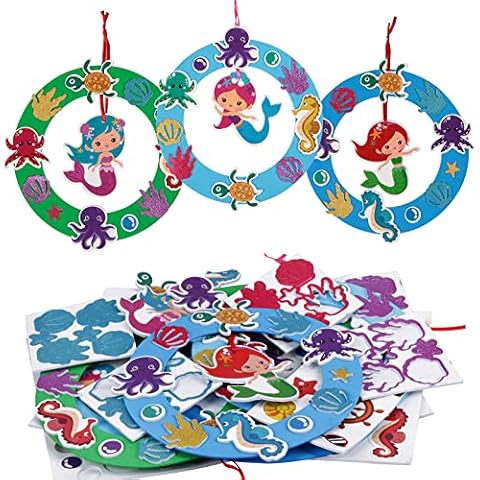 MONCAP 6 Packs Mermaid Wreath Craft Sets Kid DIY Foam Sea Animals Craft Kit Sealife Mix & Match Decoration for Children Ocean Under The Sea Theme Birthday Party Favors School Classroom Cover
