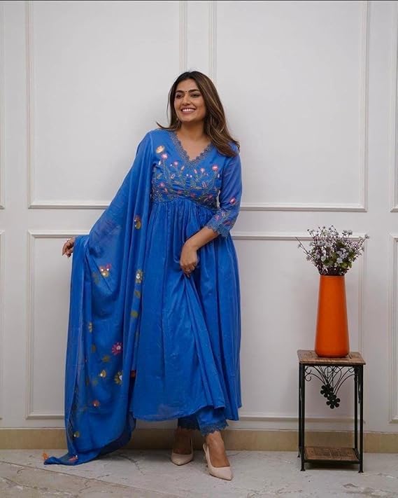Image of Preeson Women's Pure Cotton Embroidery V Neck Kurti with Pants and Dupatta Set