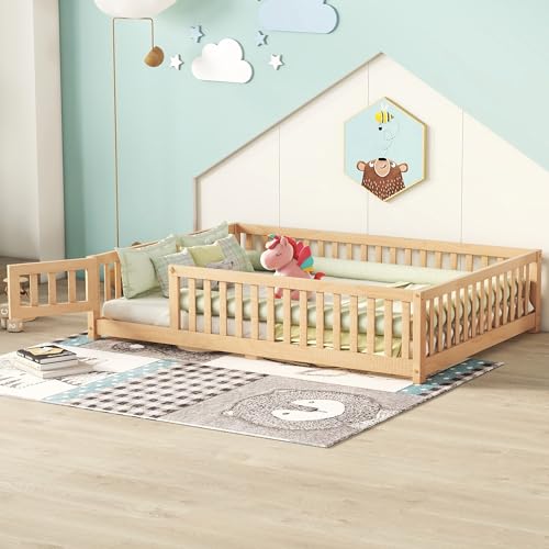 HMHKHN Full Size Montessori Floor Bed with Safety Guardrails and Convertible Door, Sturdy Pine Wood Floor Bed Frame with Wooden Supports Slats for Kids, Girls and Boys (White)