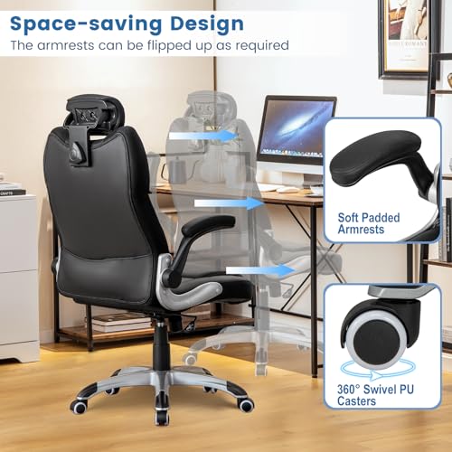 Giantex Executive Office Chair, Kneading Massage Computer Chair with Removable Lumbar Support Pillow, Adjustable Headrest, Faux Leather Rolling Desk Chair with Flip-up Armrests for Home Office, Black