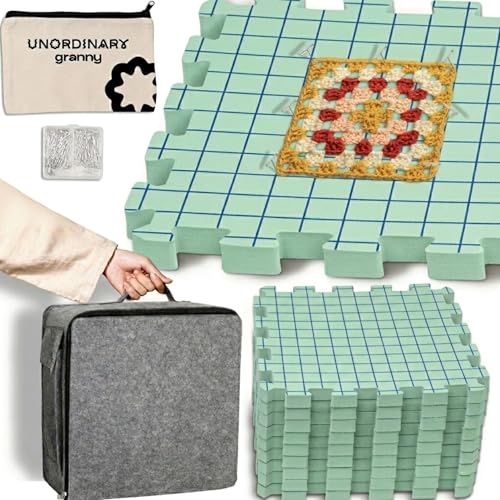 Image of Unordinary Granny Crochet Blocking Board Set - 9 Extra Thick Interlocking Mats with Grid, 150 T-Pins, Felt Storage Bag and Cotton Pouch (Sage Green)