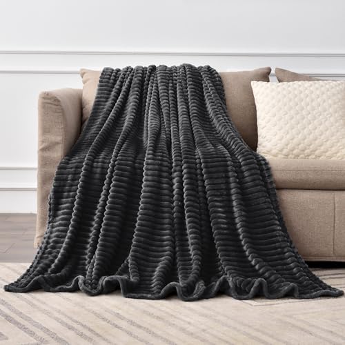 Image of BEDELITE Fleece Throw Blanket for Couch – 3D Ribbed Jacquard Soft and Warm Decorative Fuzzy Blanket – Cozy, Fluffy, Plush Lightweight Black Throw Blankets for Bed, Sofa, 50x70 inches