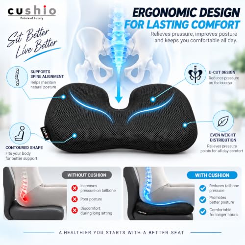 Image of CUSHIO Car Wedge Seat Cushion with Ergonomic Wedge Design, Car Seat Height Cushion for Long Drives, Relieves Hip Pain & Tailbone Pain, Coccyx Seat Cushion with Non-Slip Base (Black)