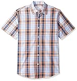  Amazon Essentials Herren-Hemd, Kurzarm, normale Passform, kariert, aus Popeline, Coral/Navy Plaid, US M (EU M)