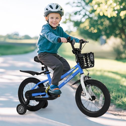 Image of Olakids Kids Bike, 12 14 16 18 Inch Toddlers Bike with Training Wheels Basket Adjustable Seat and Handlebar, Handbrake and Coaster Brake, Children's Bicycle for Boys Girls 3-8 Years Old