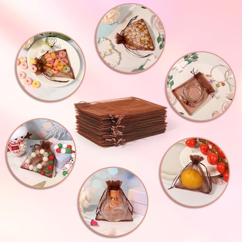 Image of Hopttreely 100PCS Sheer Organza Bags, 4x4.72 Brown Satin Drawstring Organza Jewelry Pouch Wedding Party Favor Gift Bag