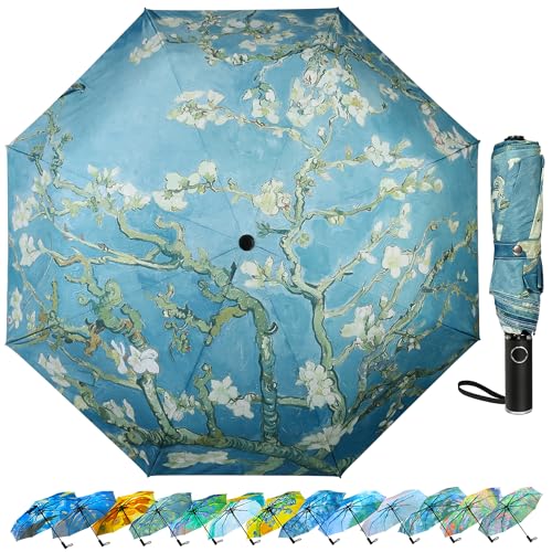 Ucrinei Van Gogh Folding Umbrella Travel Umbrella with Starry Night Design Auto Open & Close - Portable Compact Umbrella - Lightweight & Packable for Women & Men (Blooming Apricot Flower)