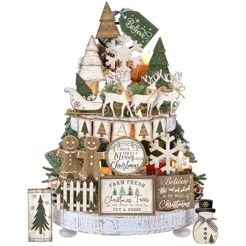 Shellwei 22 Pcs Christmas Tiered Tray Decor Set Wood Rustic Gingerbread Christmas Decoration Winter Farmhouse Decor Xmas Trees Gnome Elk Snowflake Signs for Table Shelf Home Centerpiece (Fresh)