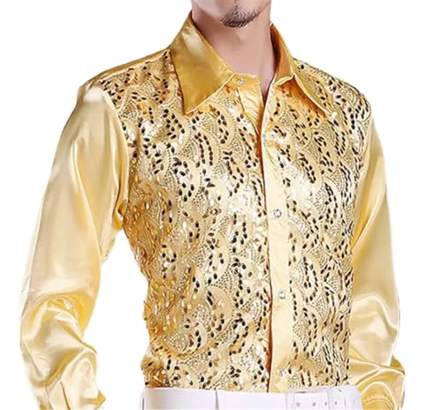 Men's Sequin Tuxedo Shirt Long Sleeve Solid Lapel Ruffled Casual Wedding Stage Dress Shirts