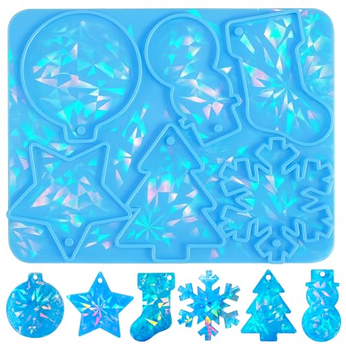 Holographic Christmas Resin Silicone Molds Ornament Large Each Glossy Resina Art Craft Keychains Decoration 6 Shapes DIY Crafts Jewelry Making Xmas Gift Decor Epoxy Mould Bauble Snowman Tree Snowflake