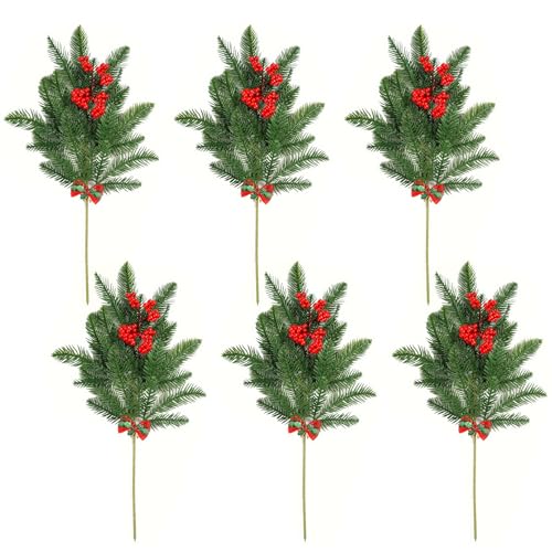 人工松葉枝 6個 19インチ グリーン 松のピック 赤いベリーとリボン付き クリスマスリース クラフト ホームデコレーション用 フェイク松葉の小枝