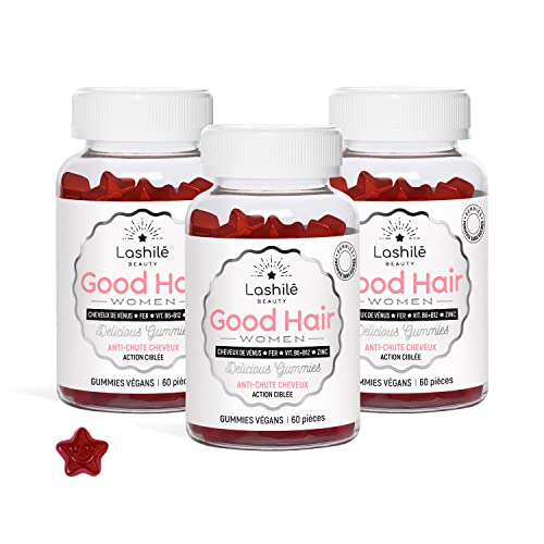 LASHILÉ BEAUTY - Compléments Alimentaires - Anti Chute Cheveux - Good Hair Women Cure 3 mois - 3 X 60 Gummies - Fabrication Française - Biotine, Fer, Zinc, MSM, Vitamine B6, Vitamine B12…
