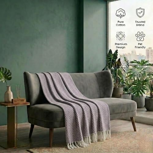 Image of SAJAVAT HOME Hand-Knitted Cotton Sofa Throw | White & Purple with Tassel Design for 3 & 5 Seater Sofa & Bed | Soft Lightweight All-Season Throw Blanket (80x52 Inches)