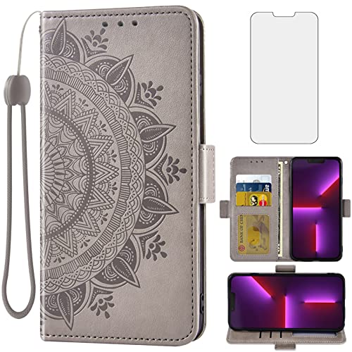 Étui portefeuille iPhone 13 Pro Max gris compatible 5G avec rabat