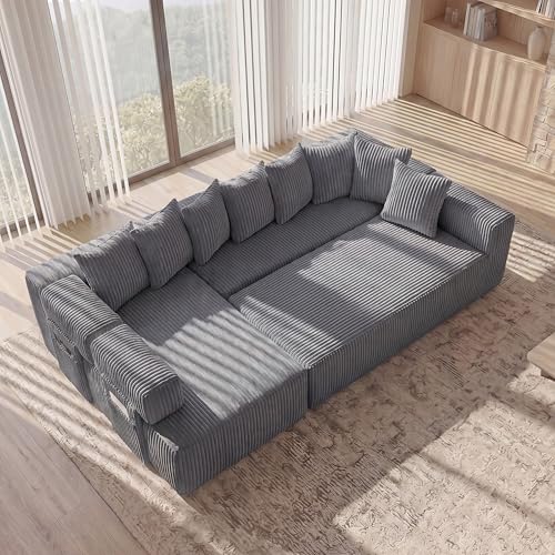 Image of Oversized Cloud Boneless Couch with Chaise, 146 inch Modern U Shape Modular Deep Seat Sectional Sofa, Comfy Corduroy Upholstered Couches for Living Room, No Assembly Required-Dark Grey