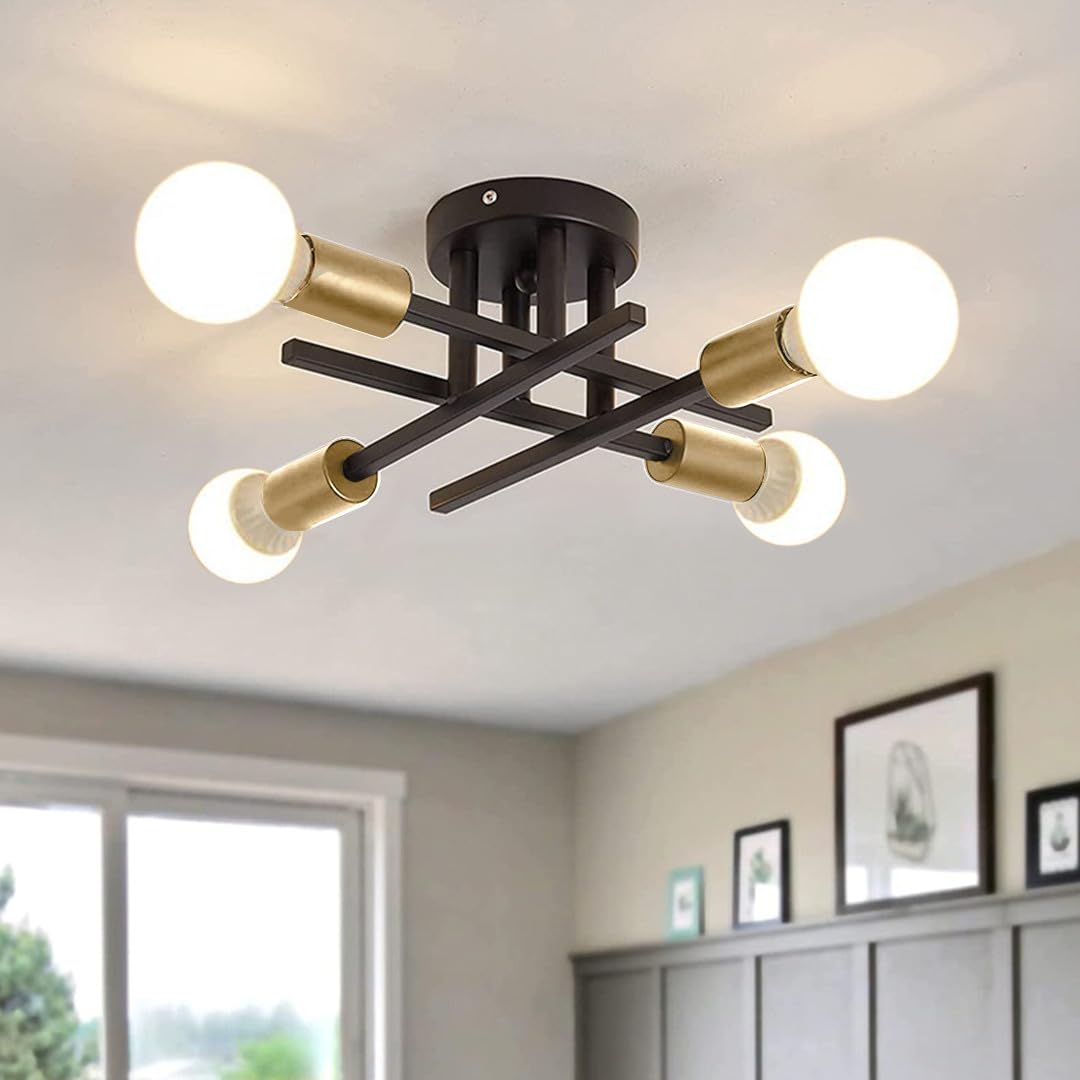 Hviww Chandeliers Ceiling Light, 4 Bases for E27 Light, Black Semi-Flush Ceiling Lights for Living Room Bedroom Kitchen Dining Room Office (Black+Gold, Without Bulbs)