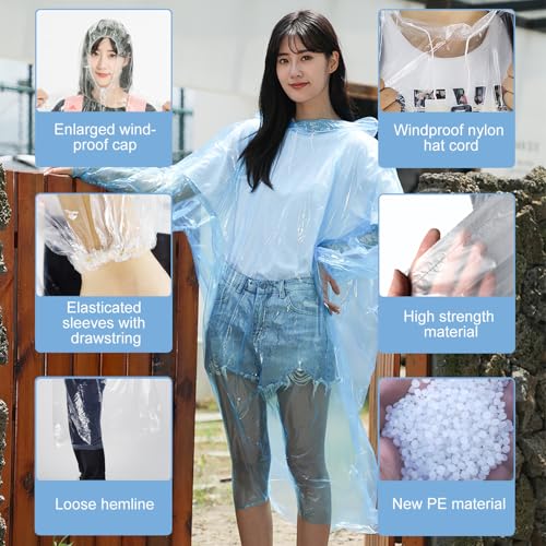 Regenponchos mit Kapuze, Regenponchos für Transparent blau, Wiederverwendbare Regenmäntel, Für Festivals, Konzert, Wandern, Damen, Herren Einheitsgröße, Blau