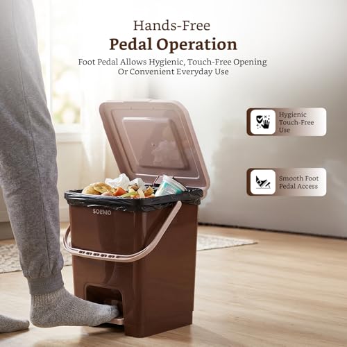 Image of Amazon Brand - Solimo Square Pedal Dustbin (18L) | Hands-Free Trash Bin with Lid | Durable Plastic | Odor Control | Compact Design | For Kitchen, Bathroom & Office | 32.5L x 31.8B x 37.3H cm | Dark Brown