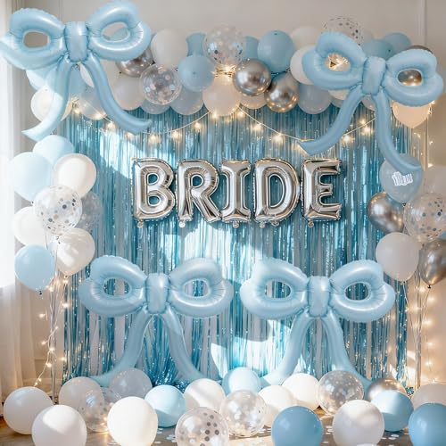 Image of 4 Pcs Baby Blue Bow Balloons Bow Birthday Party Decorations for Girl Women Bow Decor Blue Birthday Decorations Giant Dusty Blue Balloons for Baby Shower Bridal Bachelorette Party Supplies