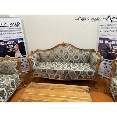 Image of CLASSIC WOOD & CRAFT Luxury Wooden Sofa Set with Center Table | Hand-Carved Solid Teak Wood Sofa Set with Upholstery | Royal Living Room Furniture for Home (Ligh Green Walnut 6 Seater)
