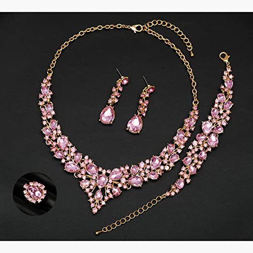 CSY 4 Pcs/Set Austrian Crystal Necklace Earrings Bracelet Ring Bridal Jewelry Sets for Brides Wedding Party Costume Accessories Gifts for Women4