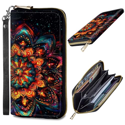 Womens Wallet, PU Leather RFID Cute Wristlet Wallets for Girls Women Ladies Purse Large Credit Card Clutch Purse Card Holder Coin Pocket Travel Wallets with Zipper, Colorful Mandala