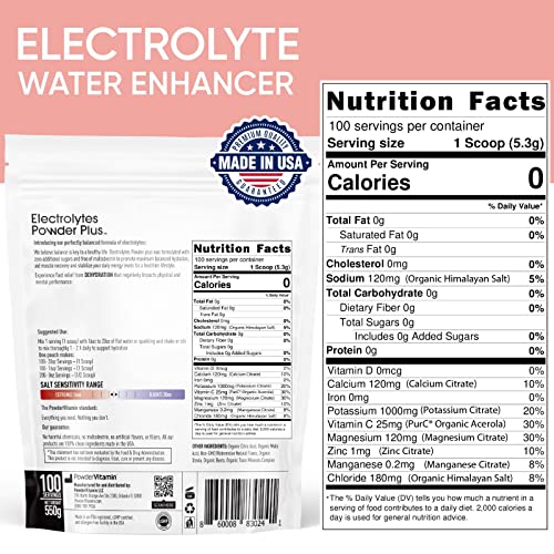 Powdervitamin Electrolytes Powder Plus (100 Servings) Watermelon Electrolyte Powder Zero Calorie Keto,0 Sugar, No Maltodextrin,1000Mg Potassium,120Mg Calcium,120Mg Magnesium, Energy Hydration Powder #TOP4