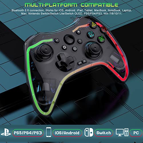 Joso Wireless Game Controller For Ps4, Ps5, Ps3, Iphone, Android, Nintendo Switch, Pc, Transparent Gamepad With 7 Colors Led Light/Back Buttons/Turbo/6-Axis/Wake Up, With Phone Holder #TOP1