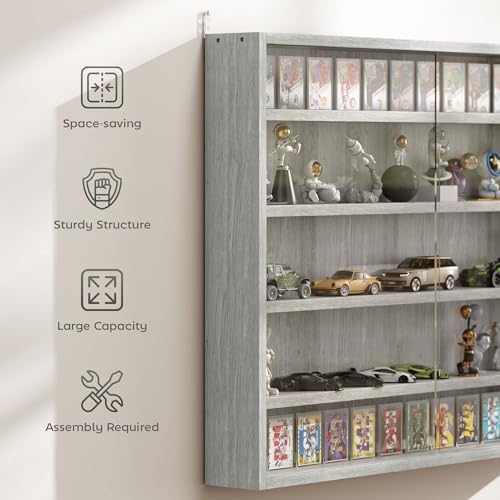 Image of HOMCOM 5-Tier Display Cabinet, Glass Door Cabinet with Adjustable Shelves, Wall-Mounted Display Case for Playroom, Bedroom, Gray