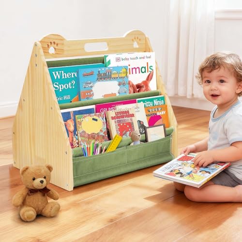 dakewang Small Bookshelf for Kids and Toddler, Double-Sided Baby Bookshelf, Montessori Kids Bookcase, Baby Book Shelf for Nursery (Green)