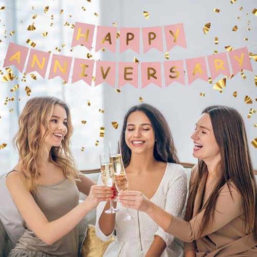 Image of Happy Anniversary Banner Valentines Day Wedding Decorations Love Party and Background Indoor Outdoor Decorations (Pink)