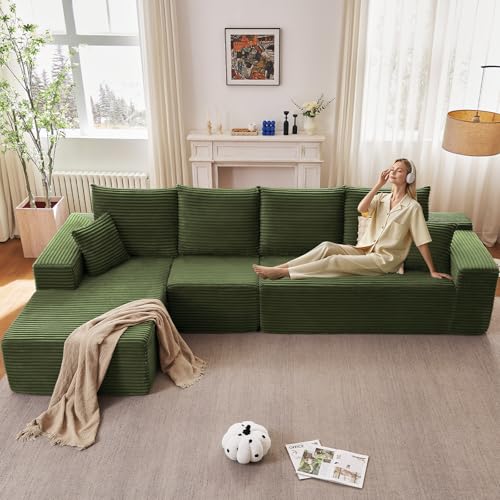 Image of 135 inch Cloud Sectional Couch with L-Shape Chaise, Modern Modular Comfy Sofa with Deep Seat, Upholstered Corduroy Couches Sleeper Chaise Longue for Living Room Bedroom, No Assembly Required, Green