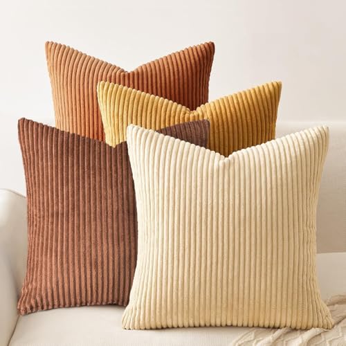 Cogavoo Set of 4 Corduroy Soft Striped Cushion Covers Boho Decorative Square Throw Pillow Covers with Invisible Zipper for Sofa Couch Bedroom Decorative Fluffy Pillowcases