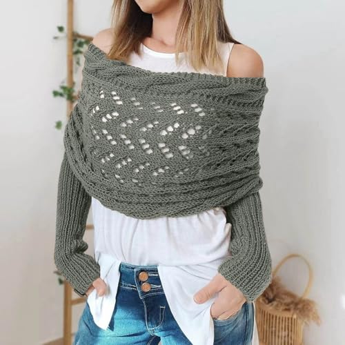 Knitted Scarf with Sleeves for Women, Women's Scarves & Wraps with Sleeve Multifunctional Hollow Knit Cable Scarf Wraps2