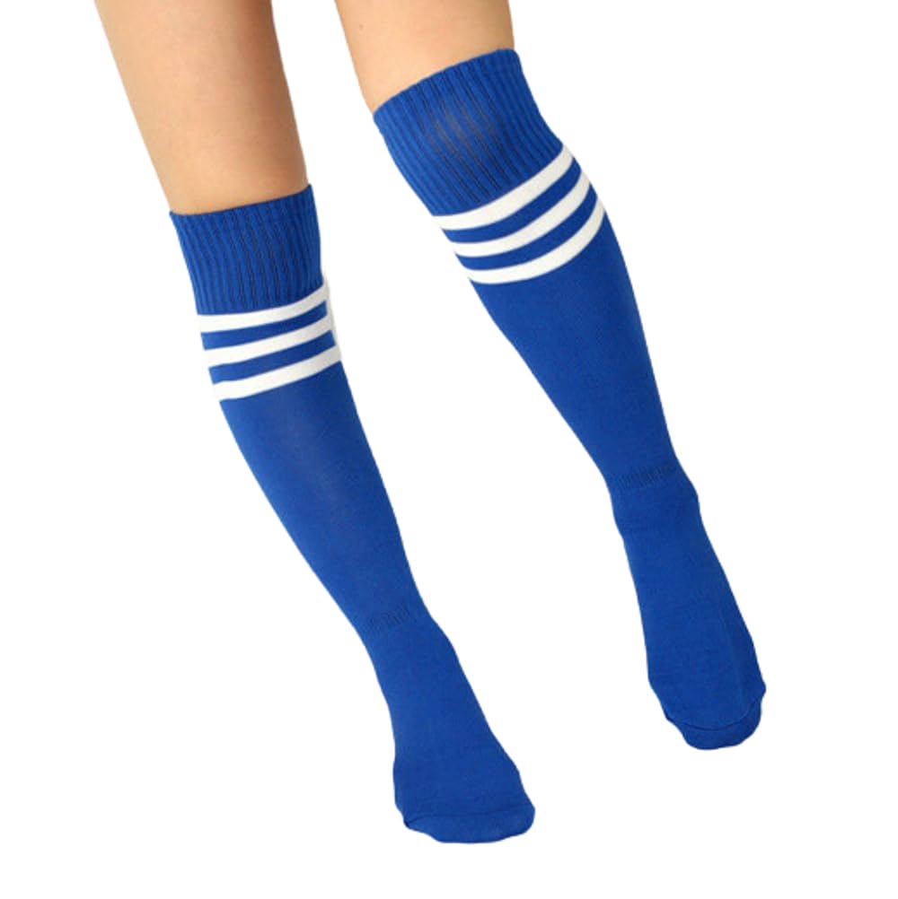 4pk of Football Microfiber fabric Stripe Sports Socks n Non-slip Knee High Tube Soccer Athletic Stretchy Compression Long Multi-color Stripe design (Blue)