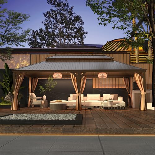 YOLENY 14'x24' Hardtop Gazebo,Galvanized Steel Double Roof Gazebos with Aluminum Frame, Permanent Metal Pavilion with Netting and Curtains for Patio Backyard Deck and Lawns
