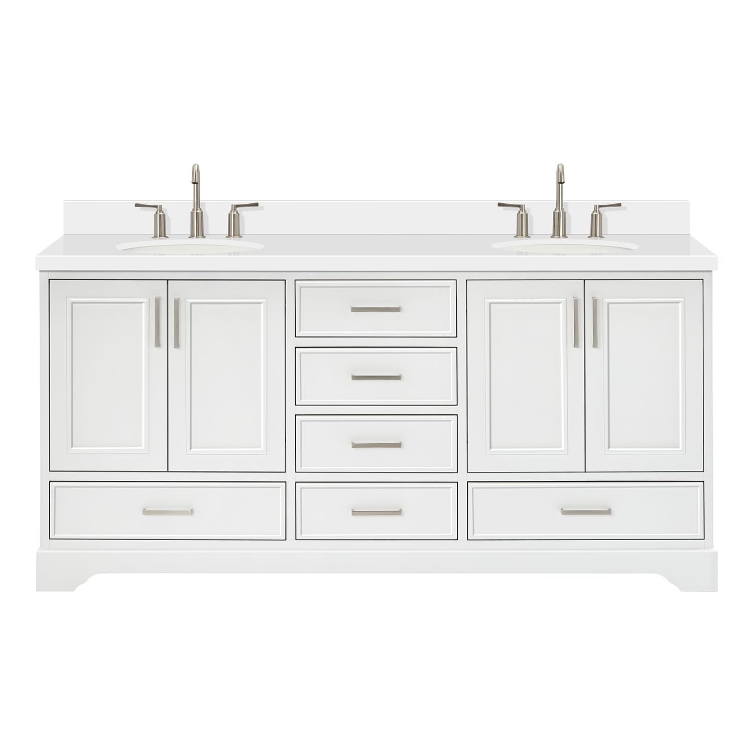 ARIELStafford 73" White Bathroom Vanity, 1.5" Edge Pure White Quartz Countertop & Splash, Double Oval Sink, 4 Soft Closing Doors, 6 Full Extension Dovetail Drawers, Brushed Nickel