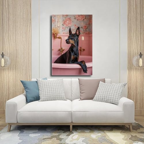 DSTRJ Dobermann in der Badewanne, Kunstposter auf Leinwand, Schlafzimmer, Dekoration, Landschaft, Büro, Raumdekoration, Geschenk, 30 x 45 cm