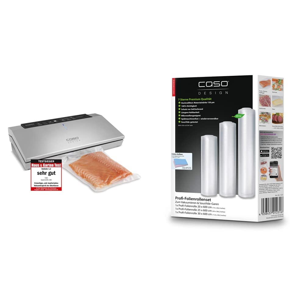 CASO GourmetVAC 380 - Vakuumierer Mit Doppelter Schweißnaht - Inkl. 10 Beutel 20 x 30 cm & Profi-Folienrollen Set 4/1 20x600 cm, 25x600 cm, 30x600 cm 150µm