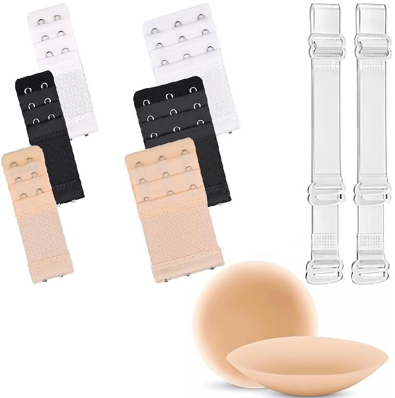 6 Pcs Women's Bra extenders 2 Hooks/3 Hooks and 1 pair Women's Transparent Silicone Bra Straps & 1 pair Nipple Covers Reusable for women (6PCS Bra Extenders + 1pair Straps + nipple cover)-image-23