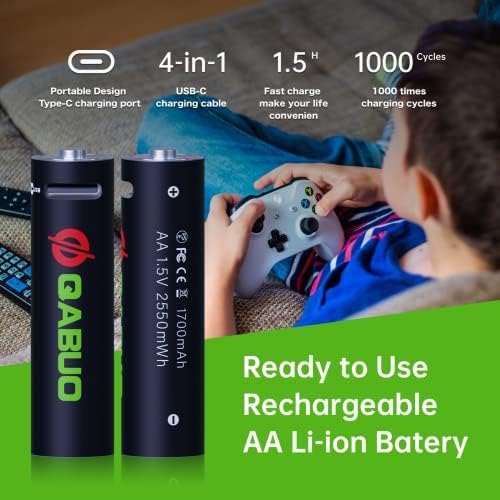 Miniatura 2 de QABUO Batería recargable de iones de litio USB-C AA, batería AA de alta capacidad de 1.5 V2550 MWh, puerto tipo C de carga rápida de 1.5 horas, la