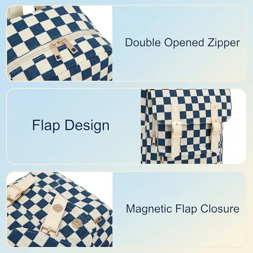Image of Women Laptop Backpack, Corduroy 15.6 inch Travel Backpack for Work College Business, Teacher Nurse Bag with Large Capacity School Bookbag Bags for Girls - Checkered Navy Blue