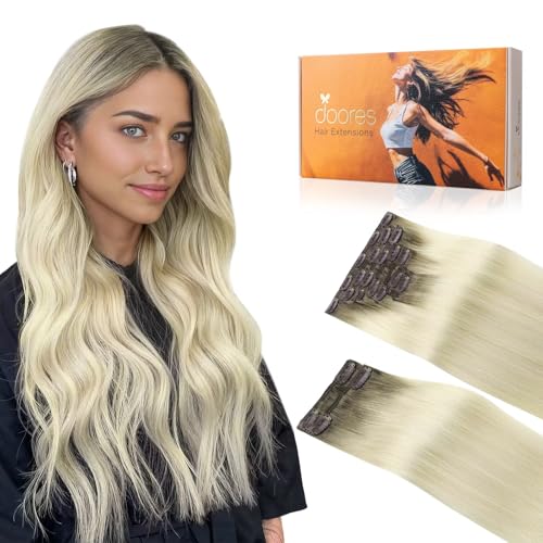 Image of DOORES Human Hair Extensions Clip in Light Ash Brown to Ash Blonde, 150g 9pcs 14 Inch, Remy Straight Thick Hair